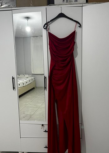 Bordo Drapeli Uzun Abiye Elbise