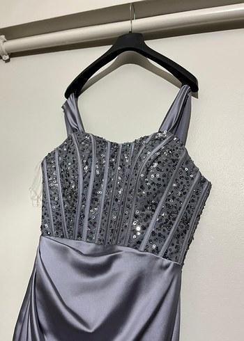 Gri-Lila Nakışlı Uzun Abiye Elbise - Görsel 2