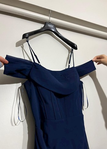 Lacivert Uzun Drapeli Kadın Abiye Elbise - Görsel 3