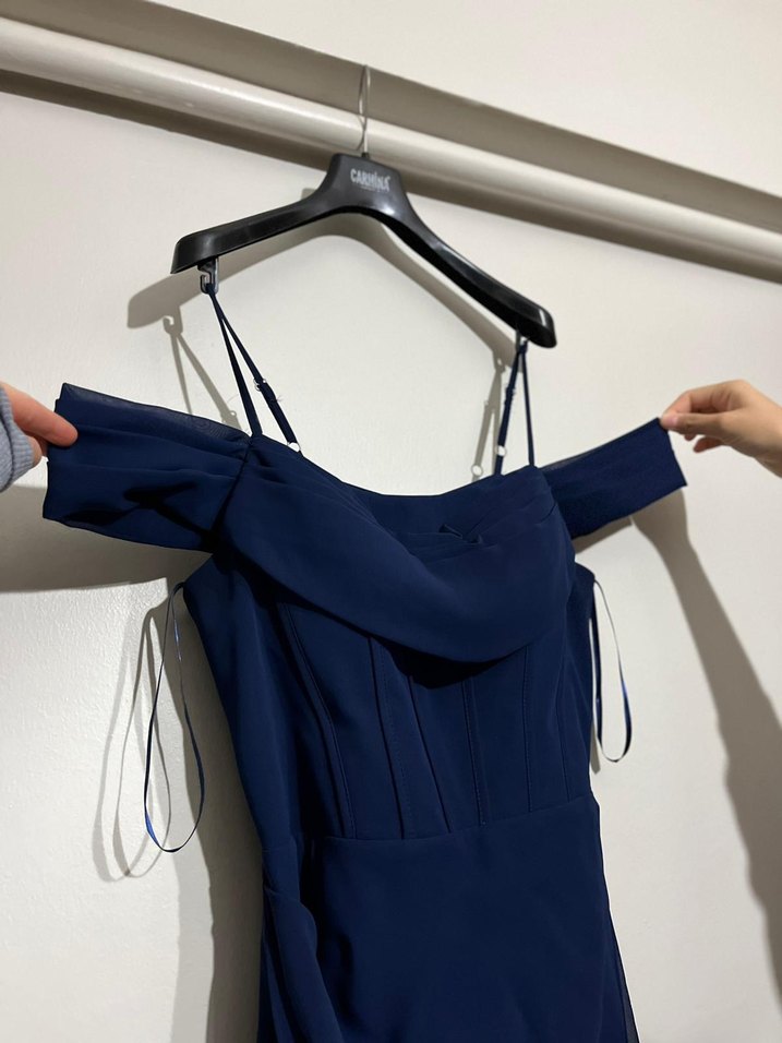 Lacivert Uzun Drapeli Kadın Abiye Elbise - Görsel 3