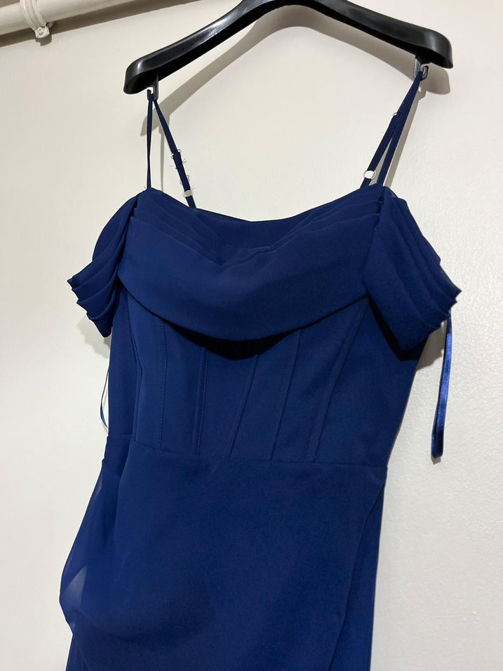 Lacivert Uzun Drapeli Kadın Abiye Elbise - Görsel 2