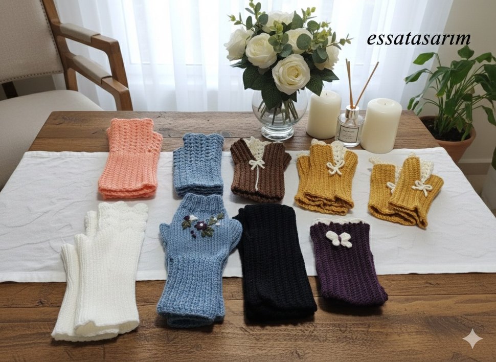 Dantel Detaylı Mavi Örgü Bayan Eldiven - Görsel 2