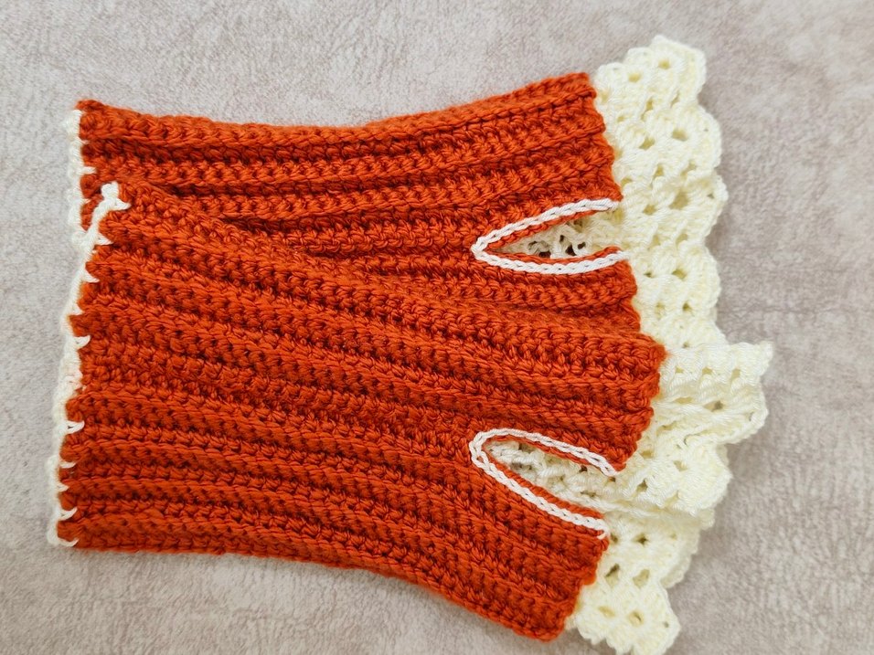 Bej Detaylı kiremit rengi Örgü Bohem Eldiven - Görsel 2