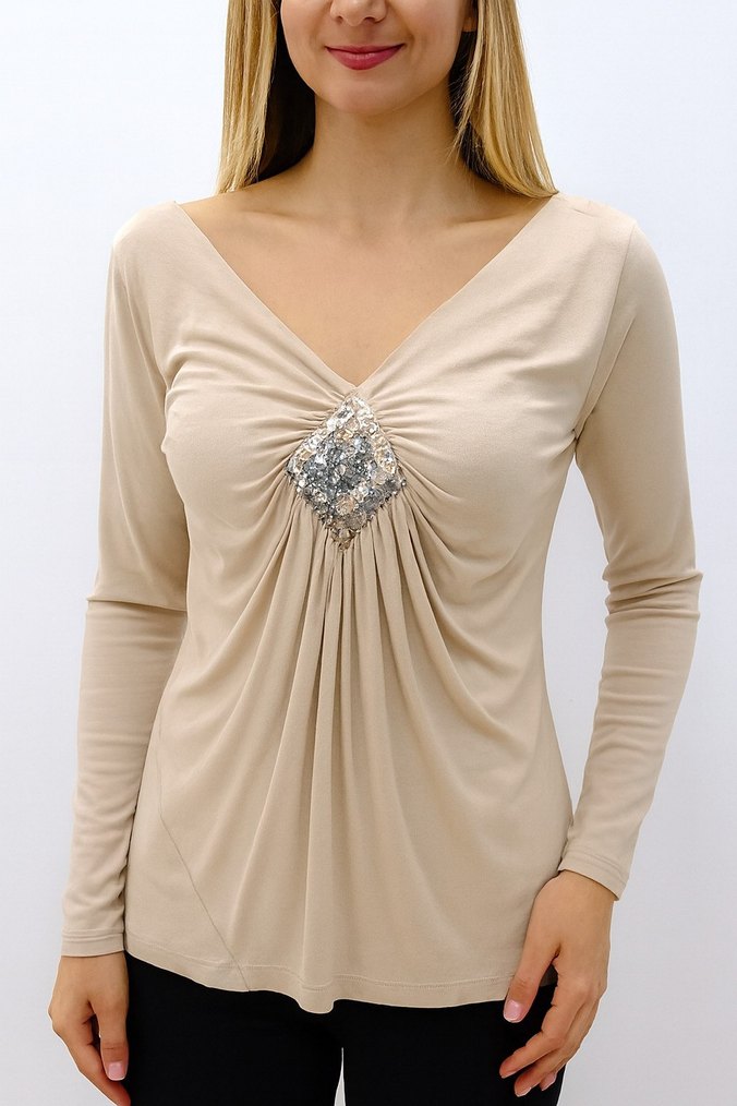 Bluz Bej V Yaka Drapeli - Görsel 3