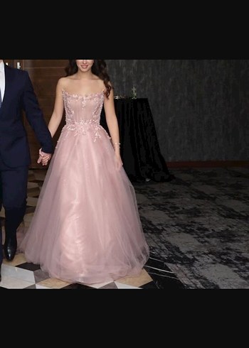 Boncuk İşlemeli Straplez Pembe Uzun Abiye ns sposa