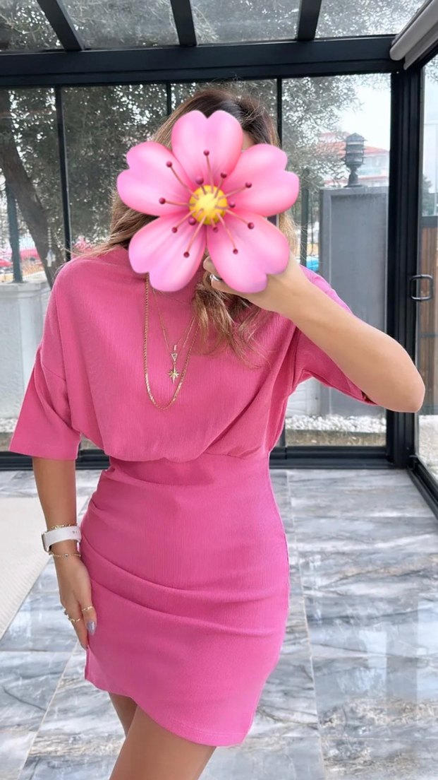 Pembe Kısa Drapeli Mini Elbise - Görsel 3