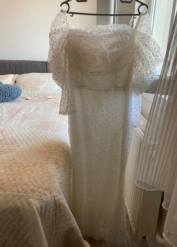 Dantel Detaylı Straplez Beyaz Uzun Abiye - Görsel 7