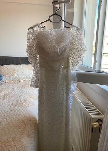 Dantel Detaylı Straplez Beyaz Uzun Abiye - Görsel 6