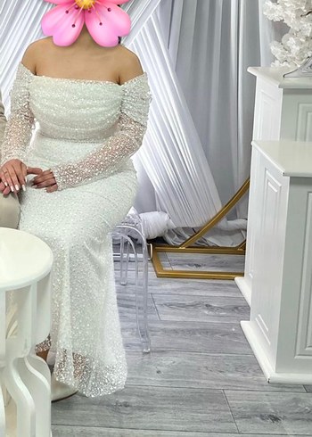 Dantel Detaylı Straplez Beyaz Uzun Abiye - Görsel 5