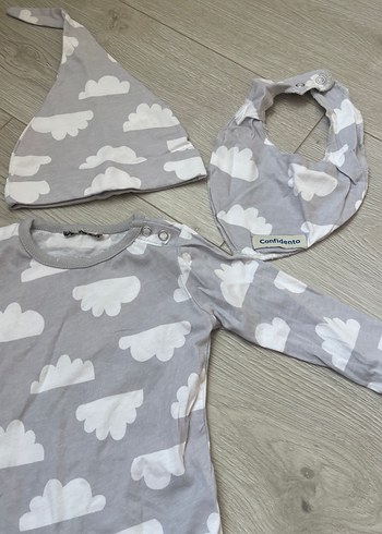 Uzun Kollu Gri Bulut Desenli Bebek Body şapka mama önlüğü - Görsel 3