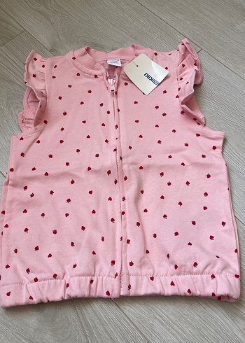 Kız Çocuk Pembe Kalp Baskılı Fermuarlı Yelek