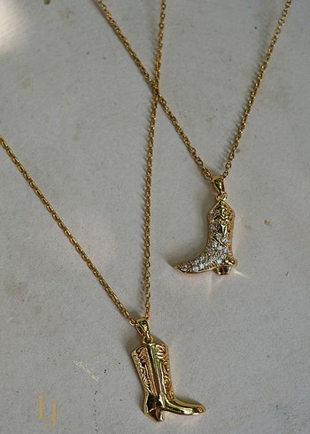 Gold Renk Zincirli Taşlı&Taşsız Kovboy Çizmesi Kolye - Görsel 3