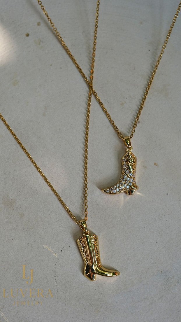 Gold Renk Zincirli Taşlı&Taşsız Kovboy Çizmesi Kolye - Görsel 3