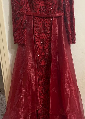 Abiye Bordo Dantel Detaylı Uzun Kol Henna Elbise