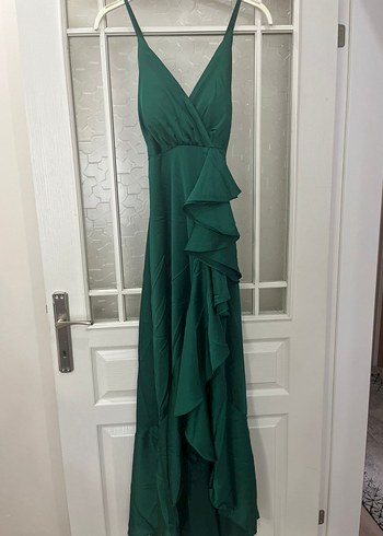 Drapeli ince askılı Yeşil Uzun Kadın Abiye Elbise - Görsel 2