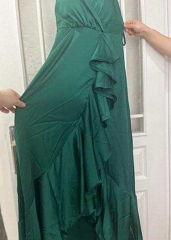 Drapeli ince askılı Yeşil Uzun Kadın Abiye Elbise - Görsel 4