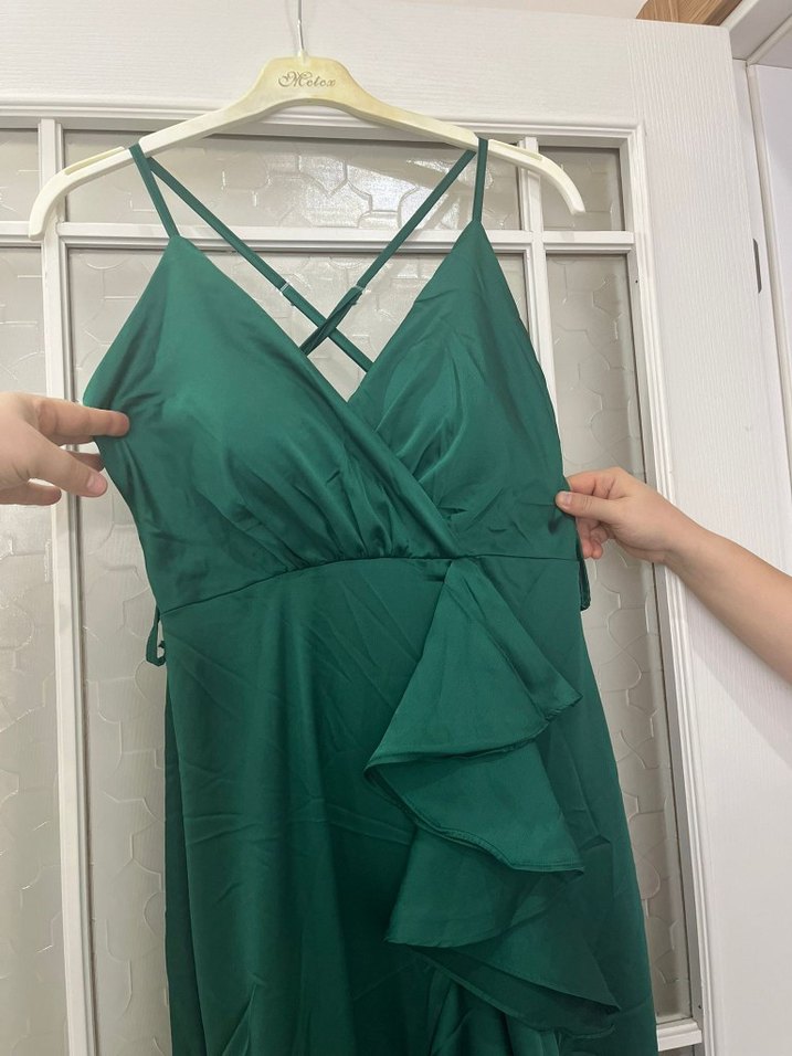 Drapeli ince askılı Yeşil Uzun Kadın Abiye Elbise - Görsel 3