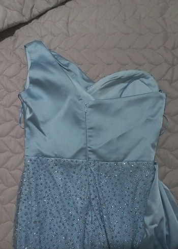 Straplez Mavi Uzun Drapeli Kadın Abiye - Görsel 5