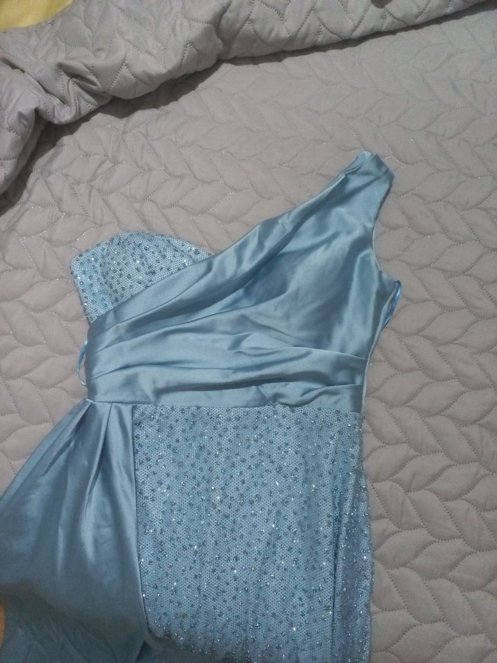 Straplez Mavi Uzun Drapeli Kadın Abiye - Görsel 4