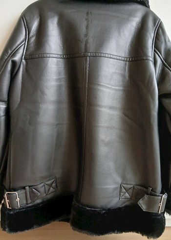 Siyah Deri Kürklü Kadın Biker Ceket - Görsel 6