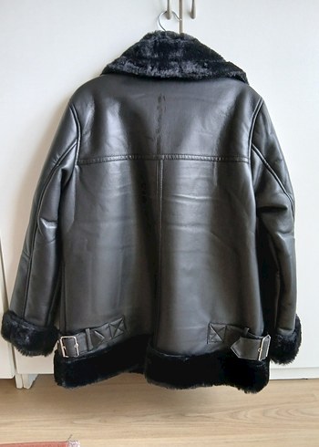 Siyah Deri Kürklü Kadın Biker Ceket - Görsel 4