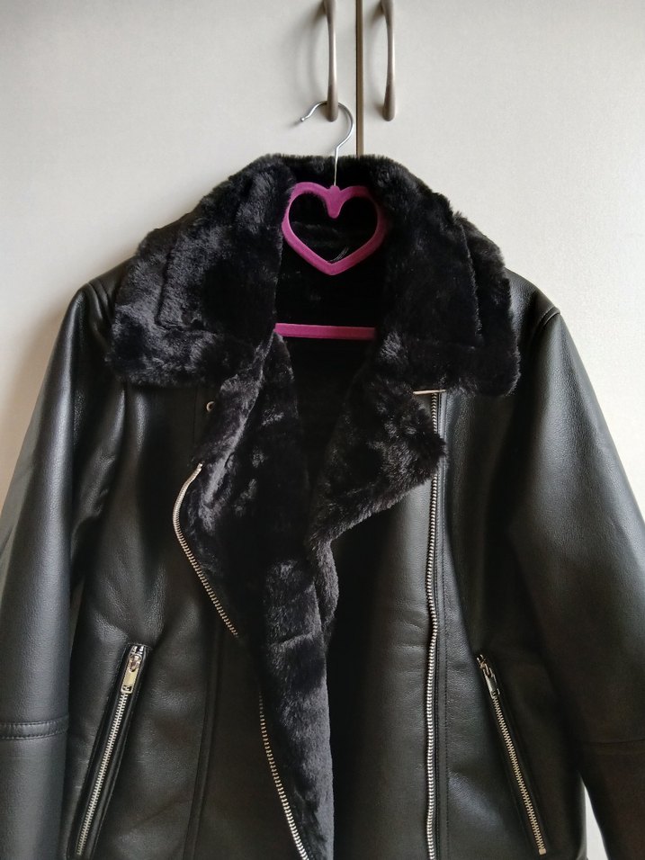 Siyah Deri Kürklü Kadın Biker Ceket - Görsel 2