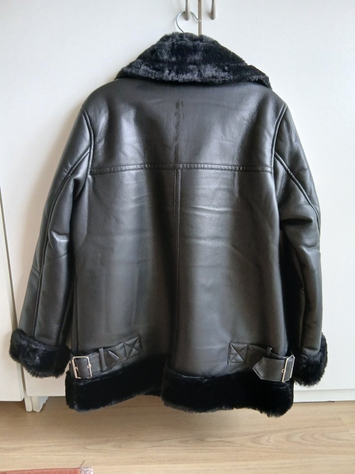 Siyah Deri Kürklü Kadın Biker Ceket - Görsel 4