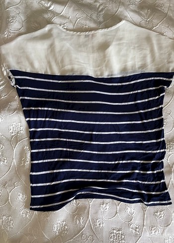 l Beden Lacivert Beyaz Tül Çizgili Kısa Kollu Vintage Tişört