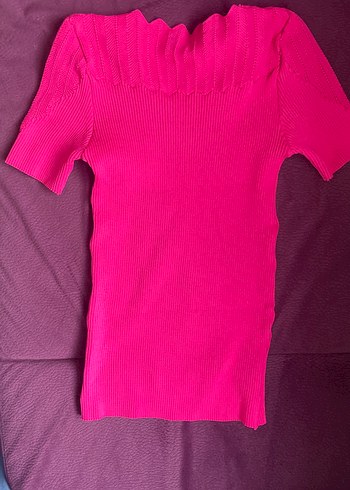 Diğer Pembe V Yakalı Üste Oturan Kısa Kollu Triko Tişört Tshirt