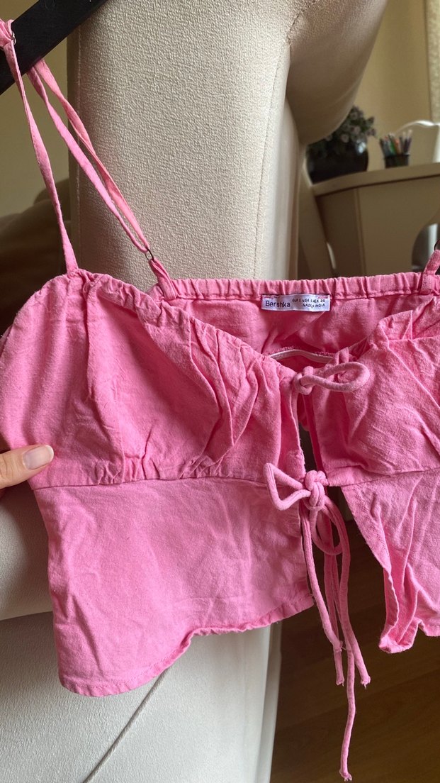 Pembe Keten İnce Askılı Mini Büstiyer - Görsel 3