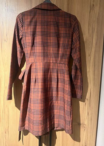 Kahverengi Ekose Desenli Kemerli Kadın Elbise - Görsel 2