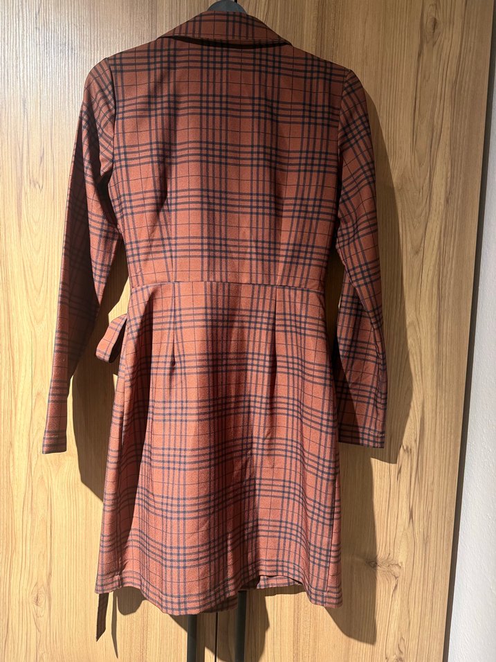 Kahverengi Ekose Desenli Kemerli Kadın Elbise - Görsel 2