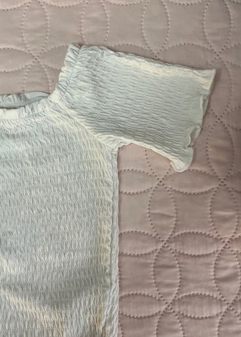 Beyaz Keten Kadın Bluz, Kayık Yaka, Kısa Kollu - Görsel 2