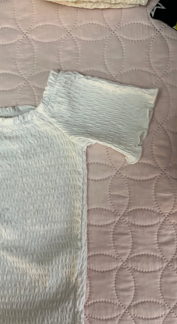 Beyaz Keten Kadın Bluz, Kayık Yaka, Kısa Kollu - Görsel 2