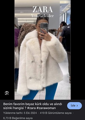 Zara Beyaz Peluş Kürk mont kaban