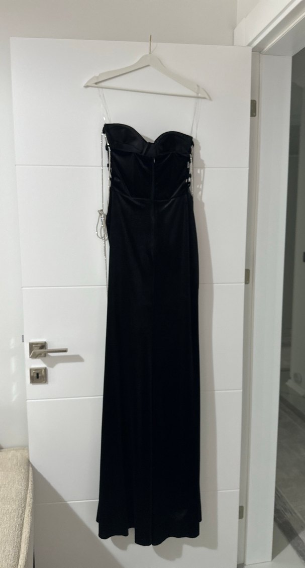 Siyah Uzun Drapeli Straplez Abiye Elbise - Görsel 4