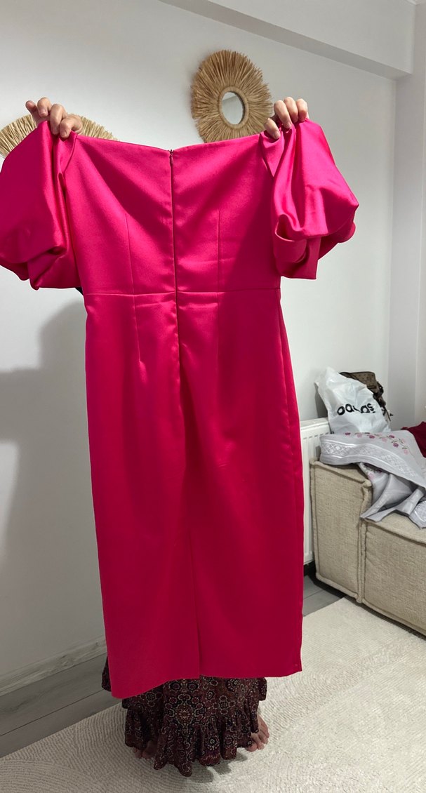 Parlak Pembe Straplez Midi Abiye Elbise - Görsel 2