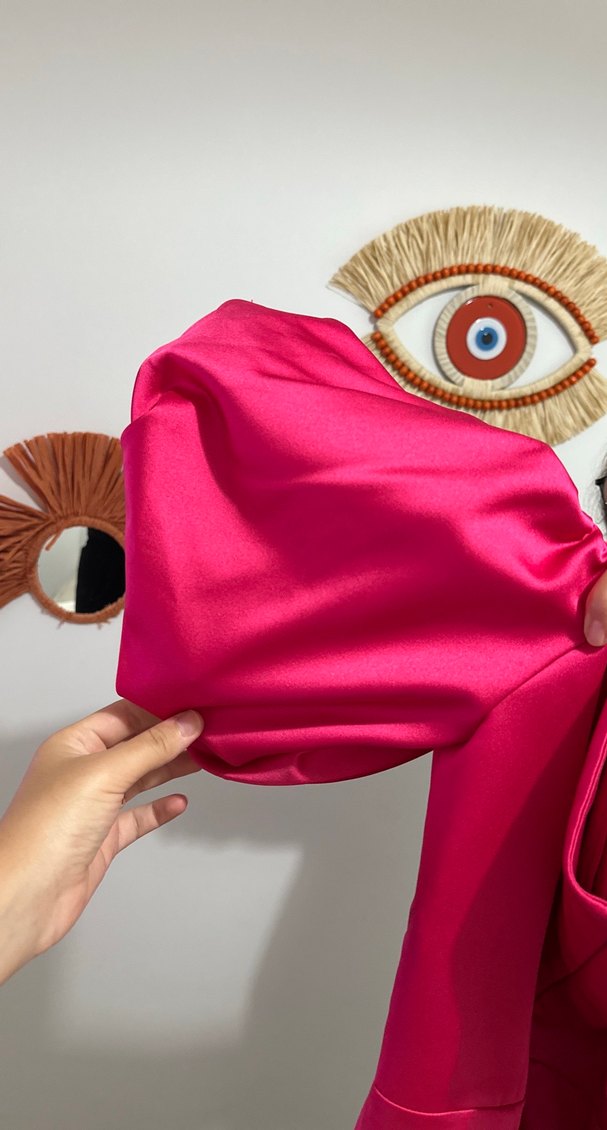 Parlak Pembe Straplez Midi Abiye Elbise - Görsel 4