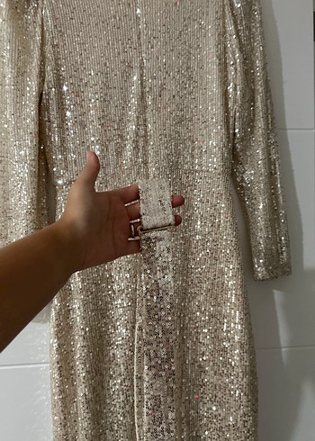 Uzun Kollu Drapeli Bej Abiye Elbise - Görsel 5