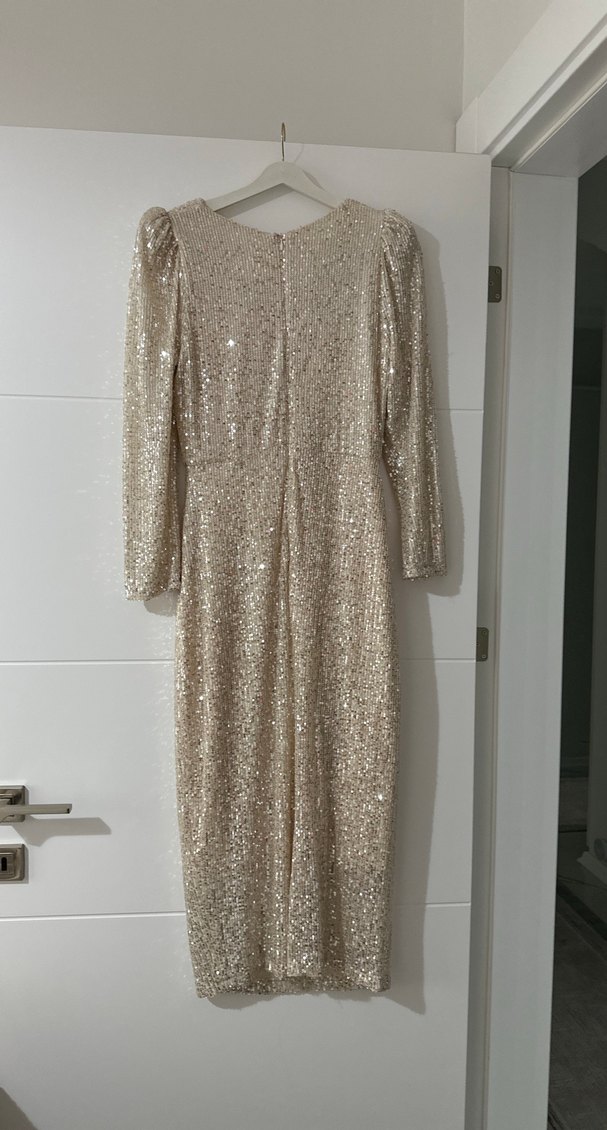 Uzun Kollu Drapeli Bej Abiye Elbise - Görsel 4