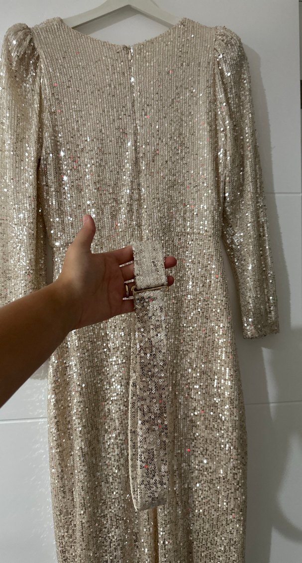 Uzun Kollu Drapeli Bej Abiye Elbise - Görsel 5