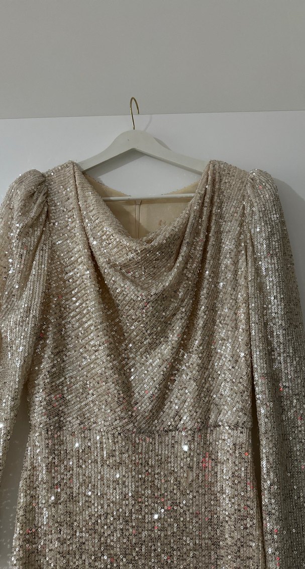 Uzun Kollu Drapeli Bej Abiye Elbise - Görsel 2