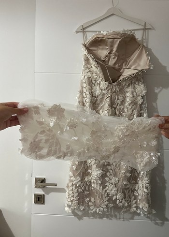 Dantelli Straplez İşlemeli Uzun Abiye Elbise - Görsel 7