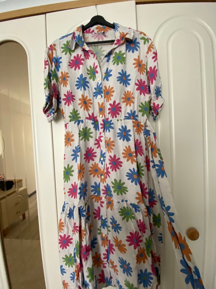 Renkli Çiçek Desenli Bohem Midi Elbise - Görsel 2