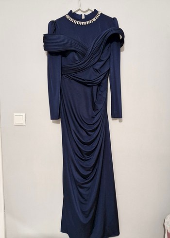 SIFIR ABİYE  Drapeli Yüksek Yakalı Lacivert Uzun Abiye Elbise - Görsel 2