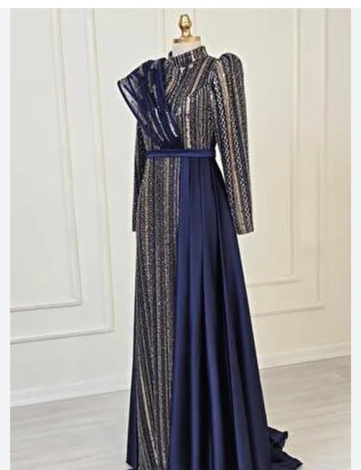 Mavi İşlemeli Uzun Kollu Abiye Elbise internette fiyatı 12.000TL - Görsel 2