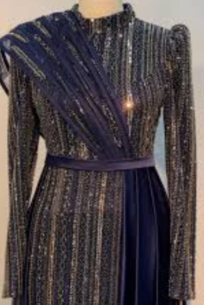 Mavi İşlemeli Uzun Kollu Abiye Elbise internette fiyatı 12.000TL - Görsel 3