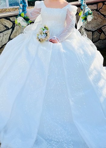 Uzun Kollu Straplez Beyaz Prenses Gelinlik TEMİZ YENİ - Görsel 2