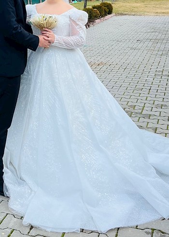 Uzun Kollu Straplez Beyaz Prenses Gelinlik TEMİZ YENİ - Görsel 3