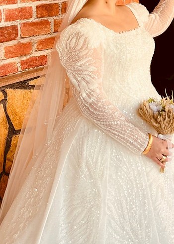 Uzun Kollu Straplez Beyaz Prenses Gelinlik TEMİZ YENİ - Görsel 4